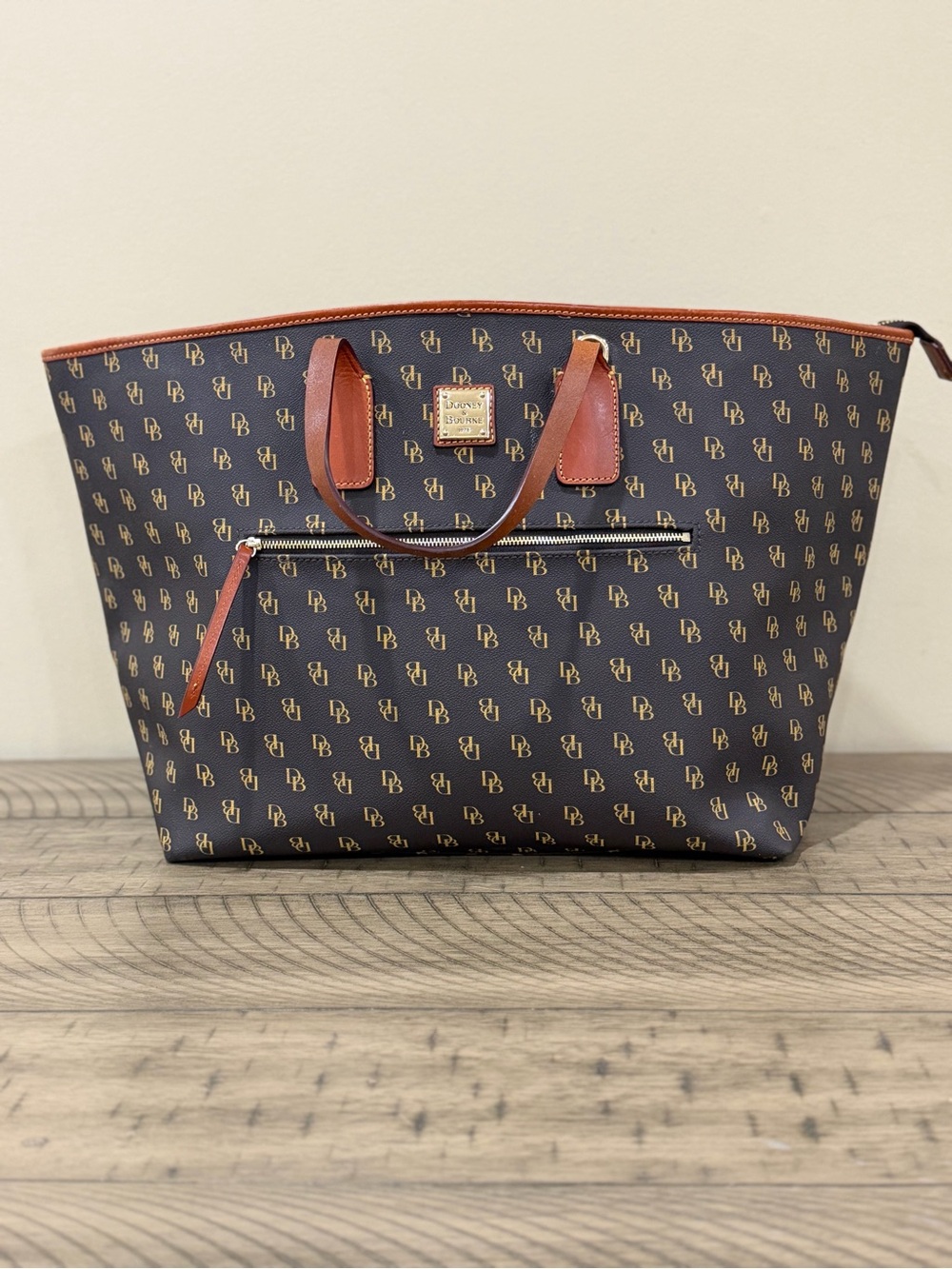 Dooney & Bourke Brown Logo Tote with Tan Leather Trim